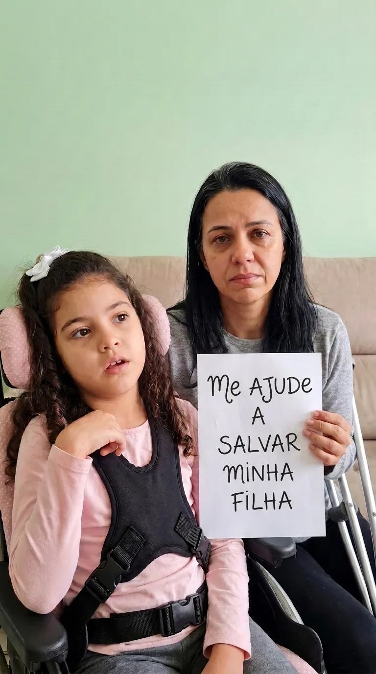 Jéssica na cadeira postural com ajustes que a mãe comprou vendendo balinha, rolo por rolo